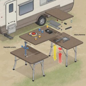 Diagram showing the adjustable height mechanism of a camper table, illustrating its versatility