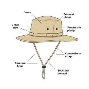 Diagram illustrating the different parts of a camp hat, such as the crown, brim, and strap.