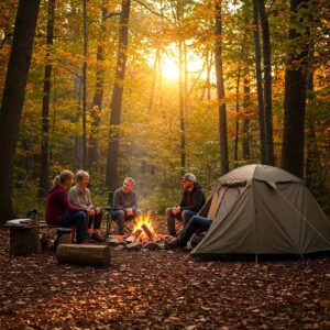 Cozy autumn camping scene with a crackling campfire in a forest, ideal for seasonal camping enthusiasts.