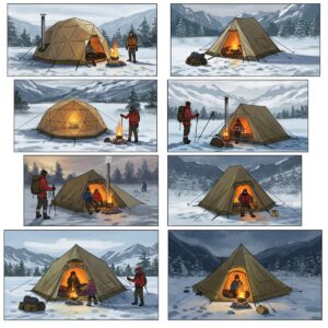 Various shapes and designs of backpacking hot tents suitable for solo or small group winter camping adventures.