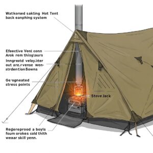 Close-up illustration showcasing key features of a backpacking hot tent, such as ventilation, a stove jack, and reinforced stress points.