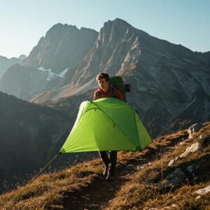 A backpacker carrying a lightweight backpacking hot tent on a trail, emphasizing its suitability for remote camping.