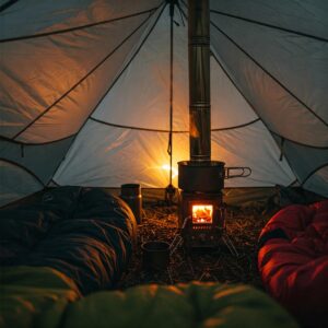 Inside a compact backpacking hot tent showing a small wood-burning stove for warmth and cooking during a backcountry trip.