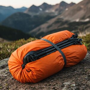 A collapsed and packed backpacking hot tent demonstrating its lightweight and portable nature for wilderness travel.