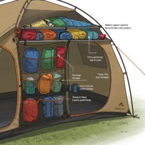 Illustration showcasing the interior features of a backpacking tent, such as storage pockets and gear lofts.