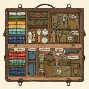 Colorful camp trunk with reinforced corners, sitting on a wooden floor—perfect for organizing summer camp gear. 