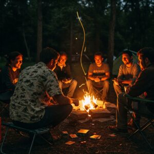A group of friends wearing camp shirts sitting around a campfire at night in the forest.