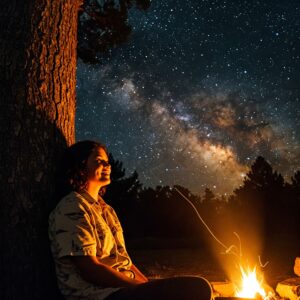 A woman in a camp shirt sitting by a campfire and stargazing under the Milky Way.
