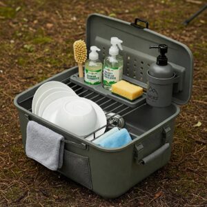Portable camp sink with a drying rack, soap dispenser, and cleaning supplies organized neatly.