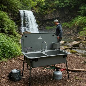 A practical camp sink situated in a scenic natural environment, highlighting its utility for outdoor activities.
