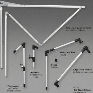 A collection of different camper awning support arms and adjustable poles.