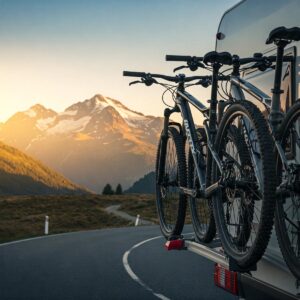 Bikes mounted on a camper bike rack with a beautiful outdoor landscape in the background, emphasizing travel and cycling.