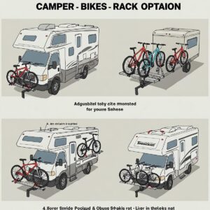 Illustration showcasing different types of camper bike racks, including hitch-mounted and ladder-mounted options.