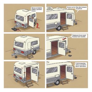 Animated illustration outlining the steps involved in camper door installation.