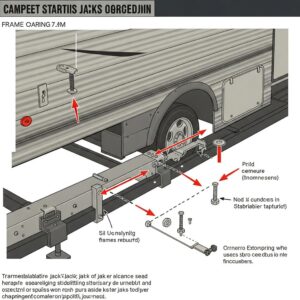 Technical diagram of camper frame showing mounting points and hardware for stabilizer jack installation. 