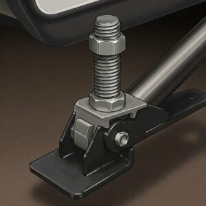 Close-up of a camper stabilizer jack bolt and screw mechanism for leveling and support on RV trailers. 