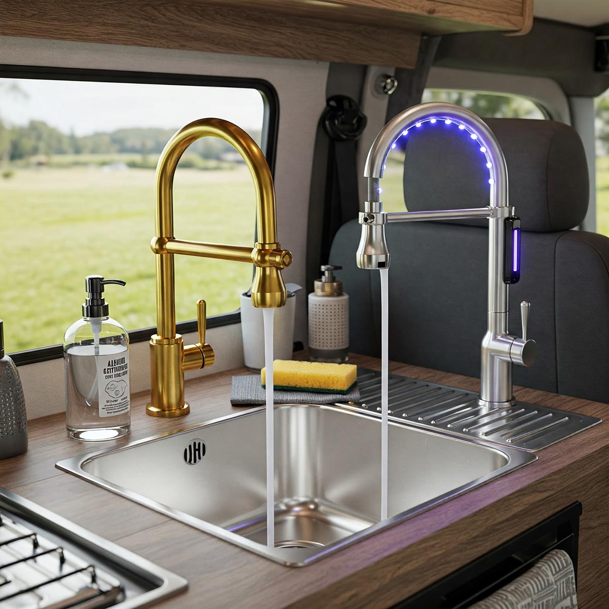 Different faucet options available for a camper sink, including hand pumps and electric faucets.