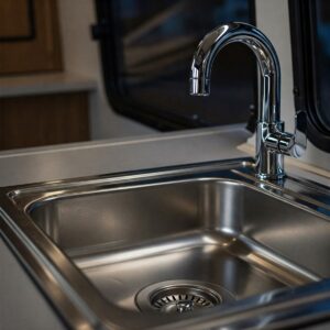 Close-up of a modern stainless steel camper sink with a chrome faucet.