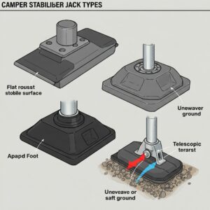 Illustrated diagram of different camper stabilizer jack types with labels, showing various bases for uneven and soft ground. 