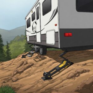Travel trailer using stabilizer jacks on a steep uneven hillside, demonstrating secure positioning in rugged terrain. 