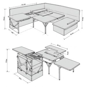 Camper table dimensions diagram, including length, width, and height measurements for fitting in tight spaces
