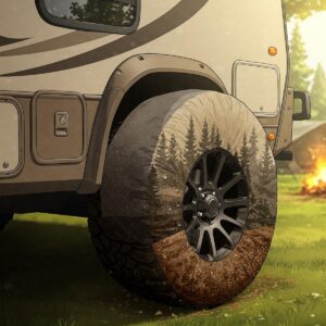 Illustration of camper tire covers protecting tires from dirt and debris during storage.