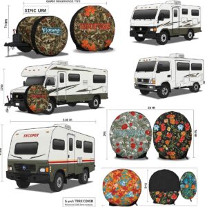 Variety of camper tire covers sizes and styles illustrated for different RV tire fits.