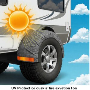 Illustration of camper tire covers blocking harmful UV rays to prevent tire cracking.