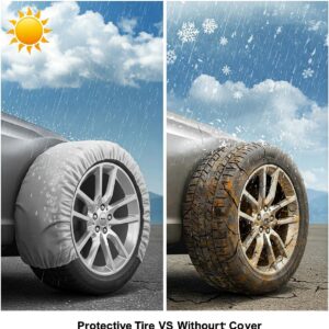 Camper tire covers protect against weather damage, shown in this comparison illustration.
