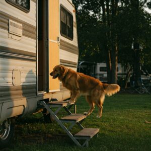 Compact portable camper steps in use with a vintage van