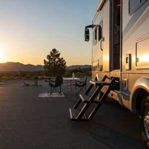 Camper steps with wide landing platform and integrated handrail