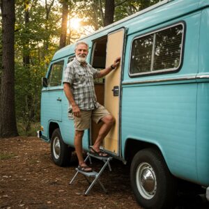 Scissor-style camper steps folded out beneath an RV door