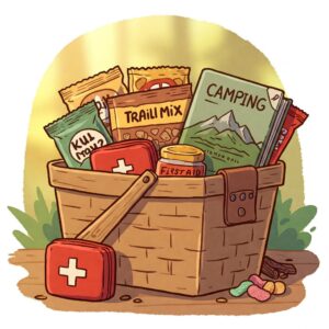 Gift basket for campers with trail mix, snacks, first aid kit, and camping guidebook 