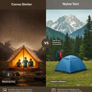Illustration comparing different camping shelter materials like durable canvas and lightweight nylon, highlighting their respective benefits and features.