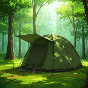 Illustration depicting a sturdy camping shelter effectively providing protection from rain, strong winds, and harsh sunlight during outdoor camping