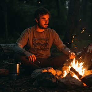  A man wearing a camping shirt sits by a campfire in the woods at night.