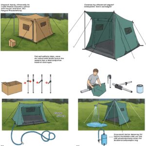 Step-by-step illustrated guide on how to set up a camping shower tent with poles, water system, and drainage base. 