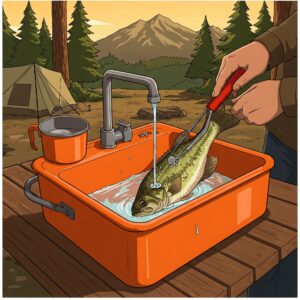 A camping sink with a durable design, ideal for washing fish outdoors, featuring water flow systems.