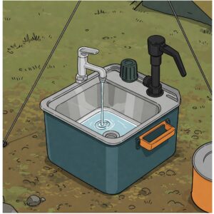 A foldable camping sink with a pump system for washing hands or dishes while camping.