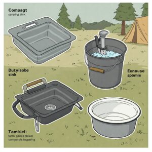 A camping sink with a dish rack and water source, set up outdoors for dishwashing convenience.