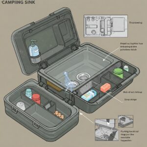 An illustrated guide of a compact camping sink with compartments for soap, water, and other items.