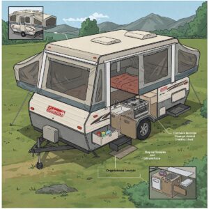 A Coleman pop up camper parked in a forested campsite with camping chairs and a fire pit nearby. 