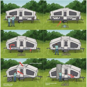 The interior of a Coleman pop up camper featuring a compact dining area with bench seating and a table.