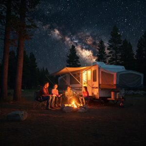 A Coleman pop up camper parked in a forested campsite with camping chairs and a fire pit nearby.