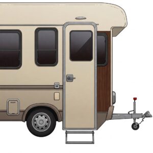 Illustration of a custom camper door featuring an integrated window design.