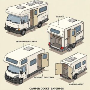 Illustration showcasing different types of camper doors, including entry and cargo styles.