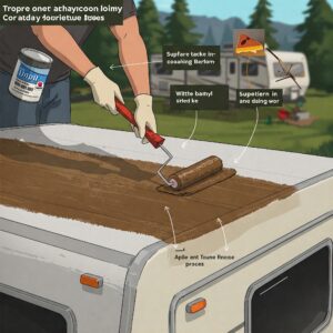 A group of friends share a meal at a summer campsite, their camper in the background—highlighting how a strong roof coating supports carefree camping.