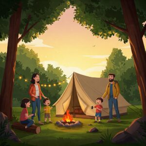 Illustration of a family enjoying their time at a campsite, with a reliable camping shelter serving as their base in the natural surroundings