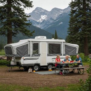 A family enjoying a camping trip beside their Coleman pop up camper, with children playing near a picnic table.