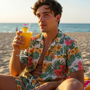 A man in a colorful floral camp shirt enjoying a tropical drink on the beach at sunset. 